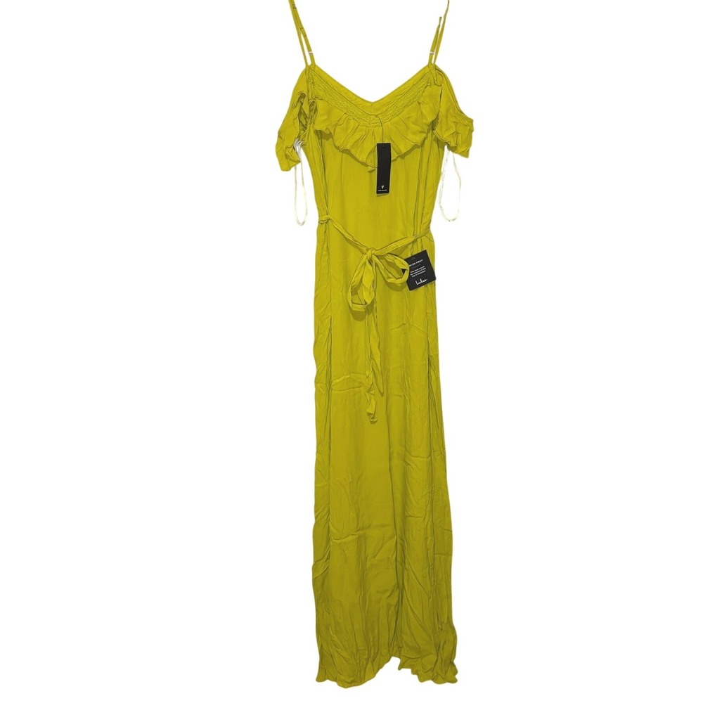NWT Lulus Chartreuse Yellow Linen Blend Ruffle Off Shoulder‎ Maxi Dress Size M